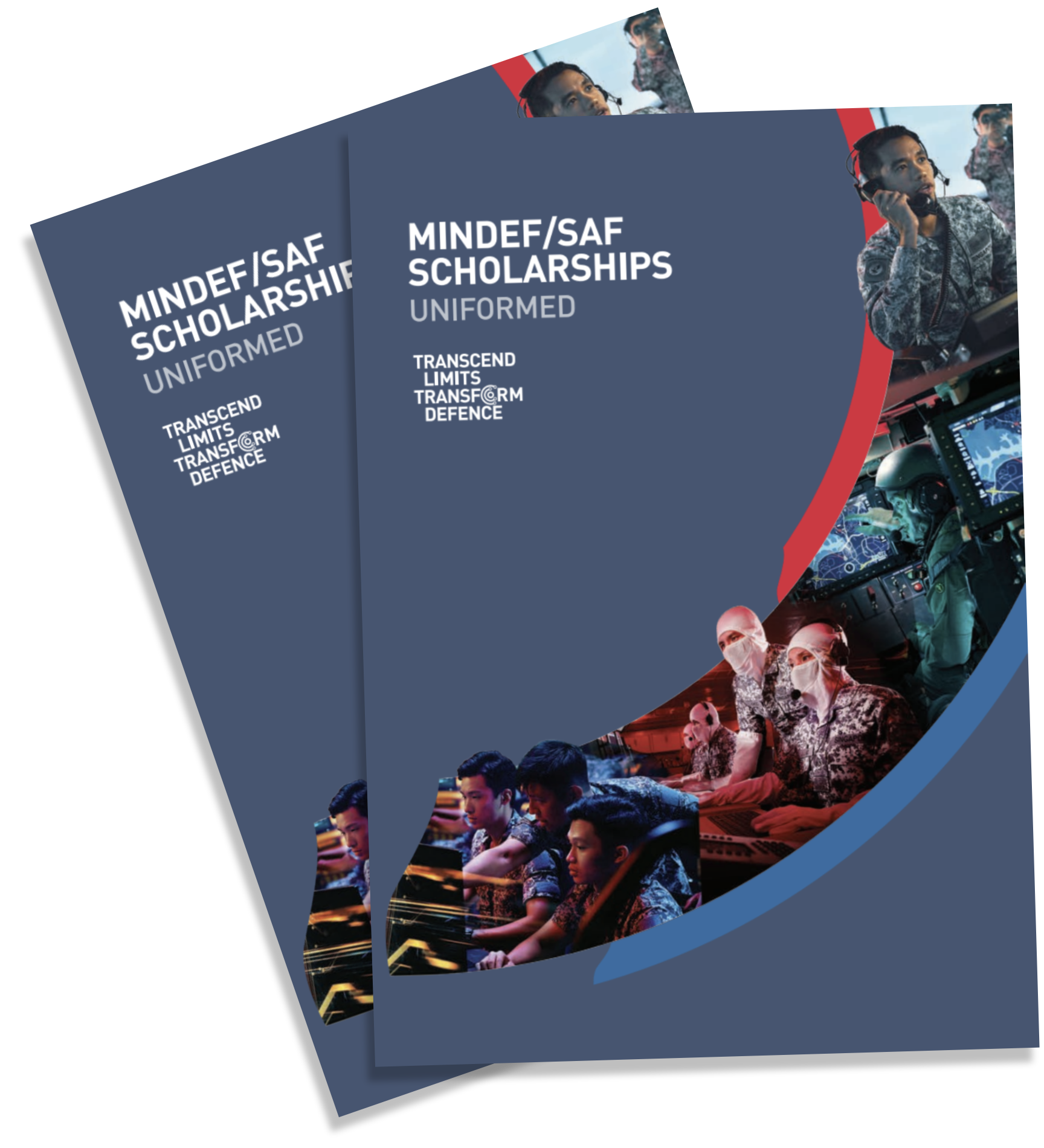 Two MINDEF/SAF Scholarship brochures with uniformed military personnel depicted on cover.